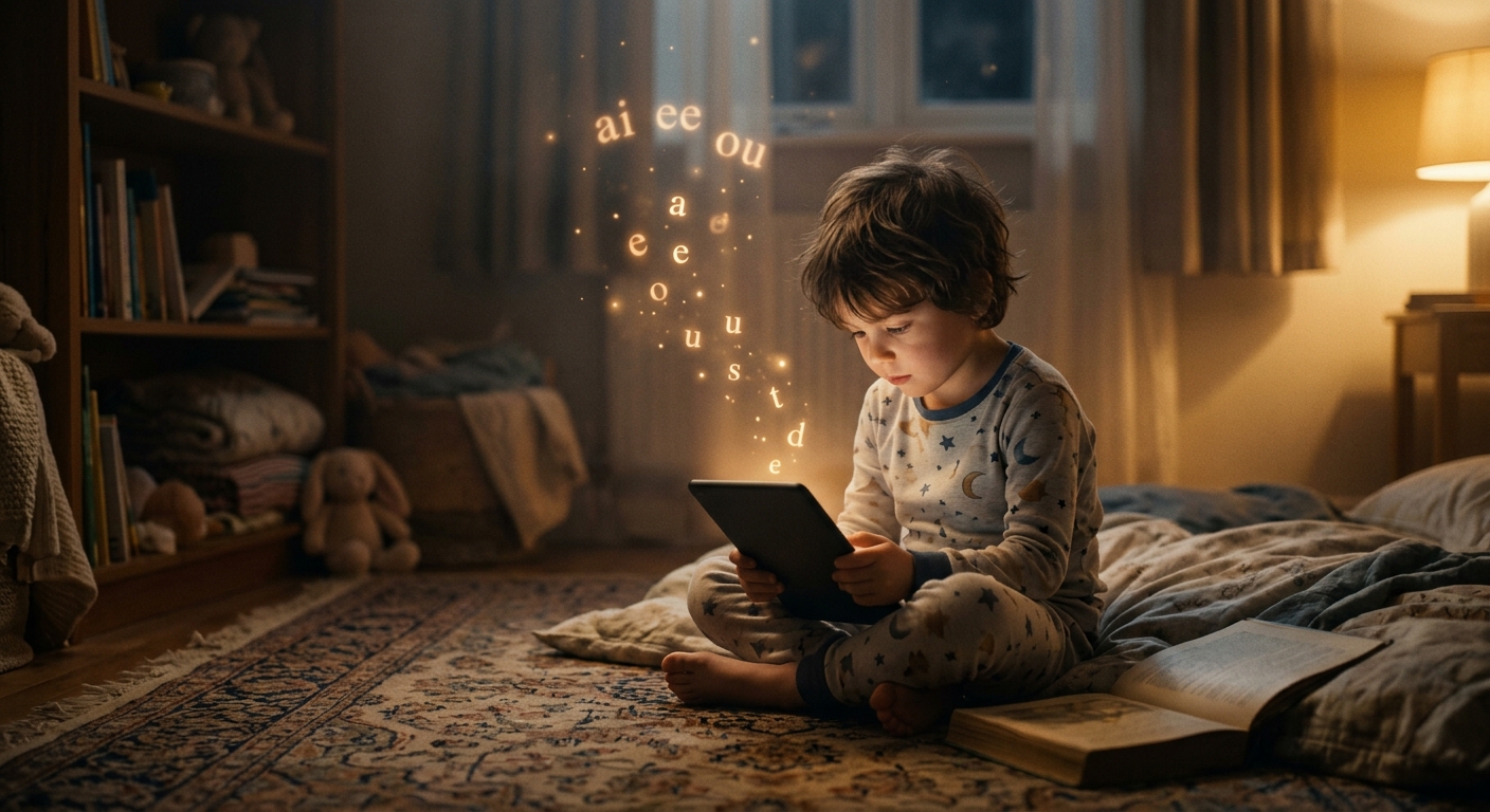 A small child on the bedroom floor reading from a tablet, glowing vowel pairs rising from the screen