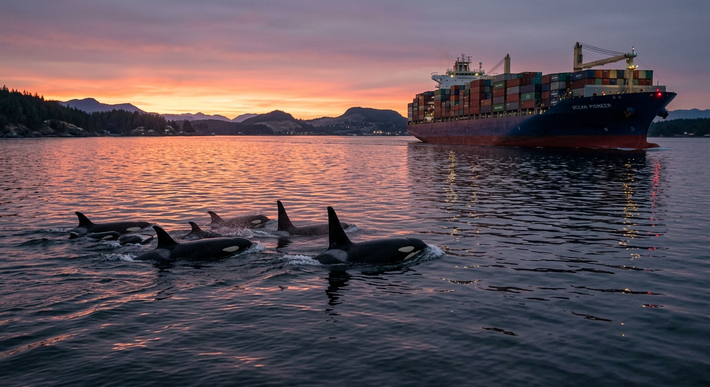 A pod of orcas swimming peacefully past a slowed cargo ship at dusk