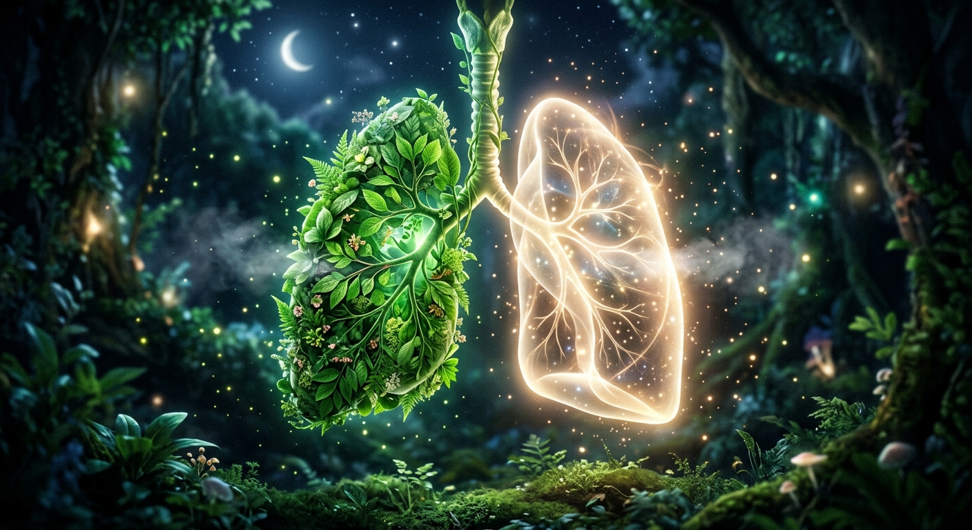 A pair of lungs, one made of green leaves and one made of soft light, breathing in sync