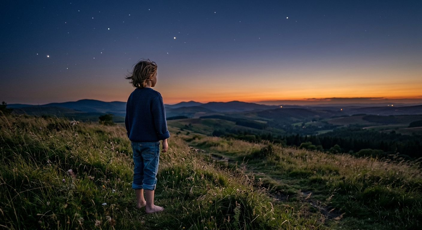 A child standing on a grassy hillside at last light, the first stars beginning to show