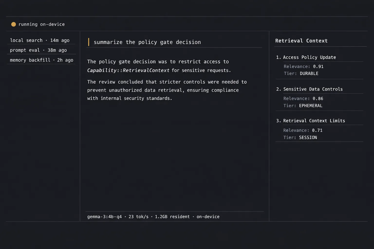 Companion desktop app — three-pane layout with recent conversations, an active chat showing a retrieval-context capability call, and a side panel listing three ranked retrieval hits with memory tier tags.