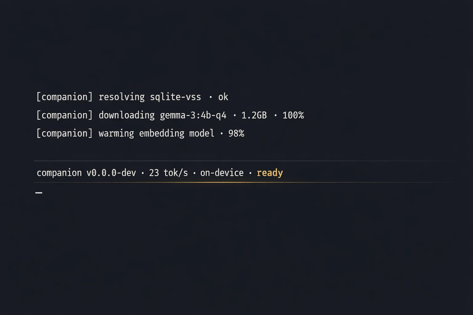 Companion first-run terminal — install progress for sqlite-vec, gemma4:e4b download at 1.2GB, embedding model warming, and a final ready banner reading on-device with 23 tokens per second throughput.
